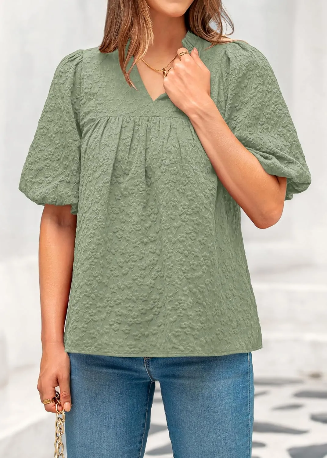 MASCOMODA Womens Summer Tops 2025 Ruffle V Neck Blouses Loose Puff Short Sleeve Jacquard Babydoll Tops Casual Dressy T-Shirts
