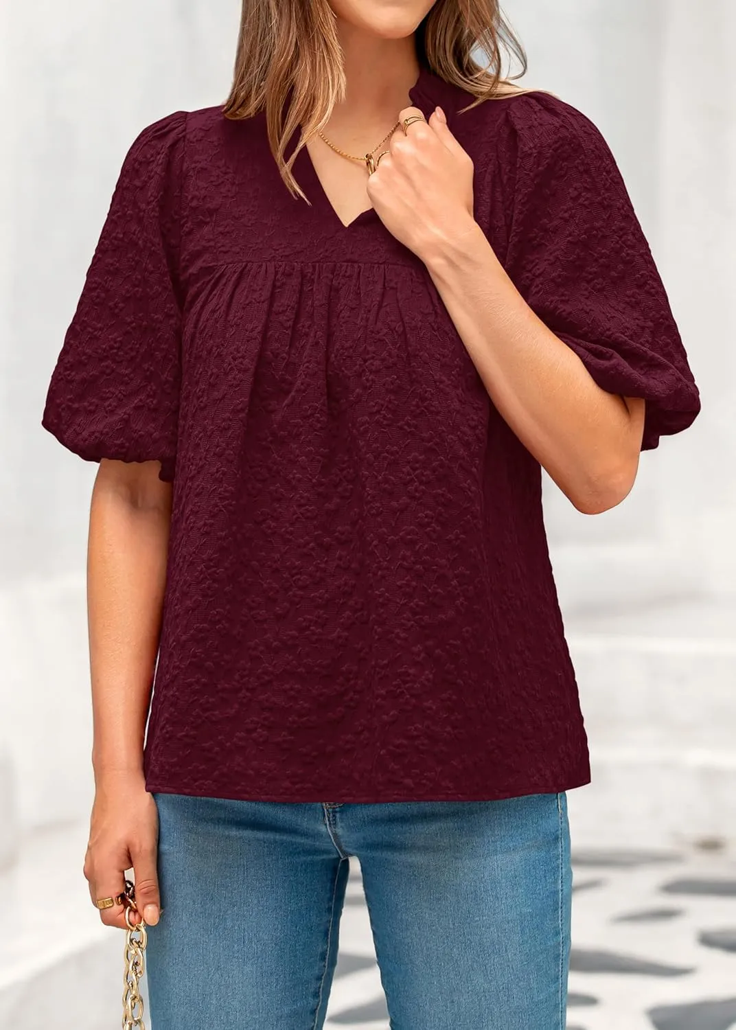 MASCOMODA Womens Summer Tops 2025 Ruffle V Neck Blouses Loose Puff Short Sleeve Jacquard Babydoll Tops Casual Dressy T-Shirts
