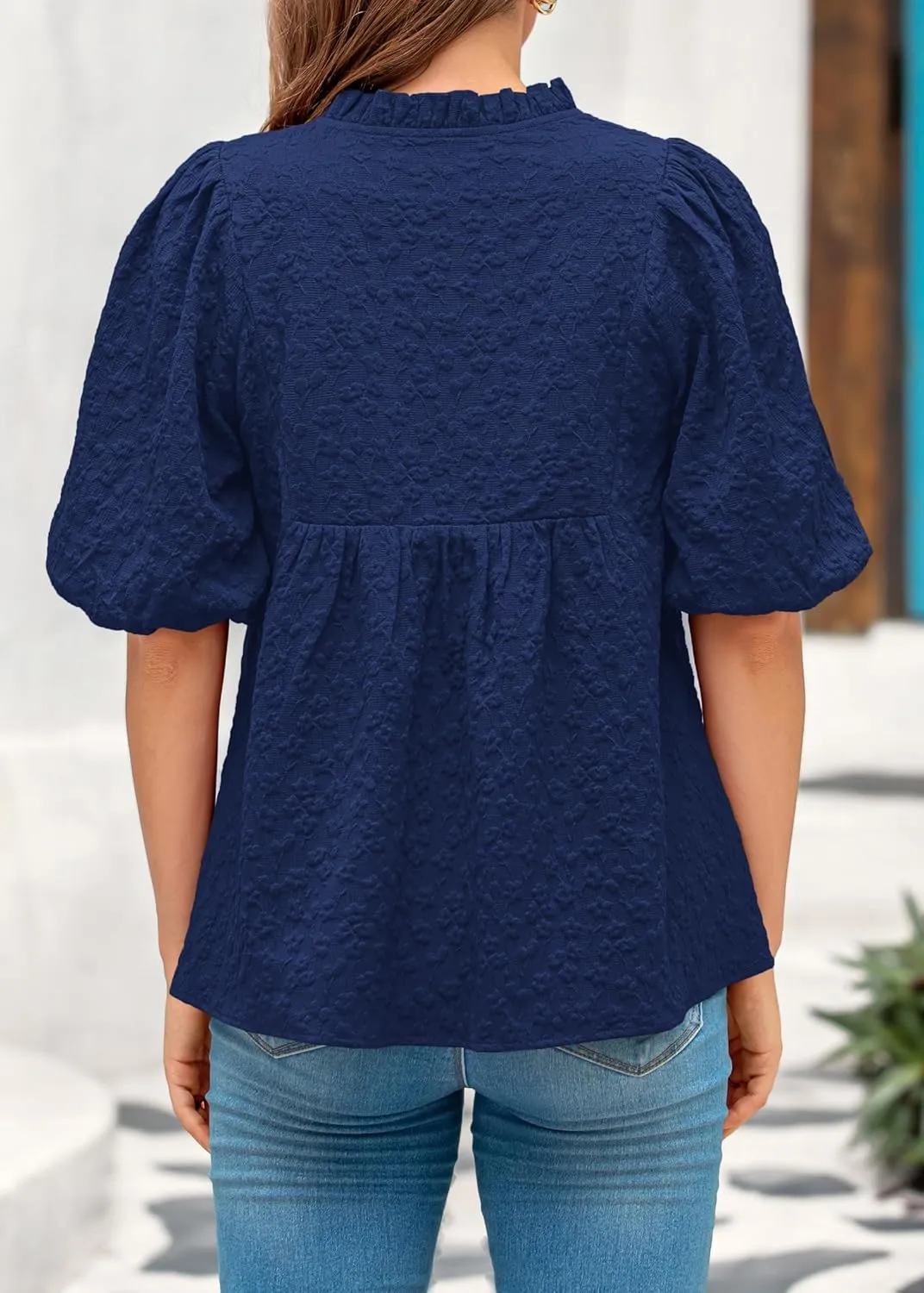 MASCOMODA Womens Summer Tops 2025 Ruffle V Neck Blouses Loose Puff Short Sleeve Jacquard Babydoll Tops Casual Dressy T-Shirts