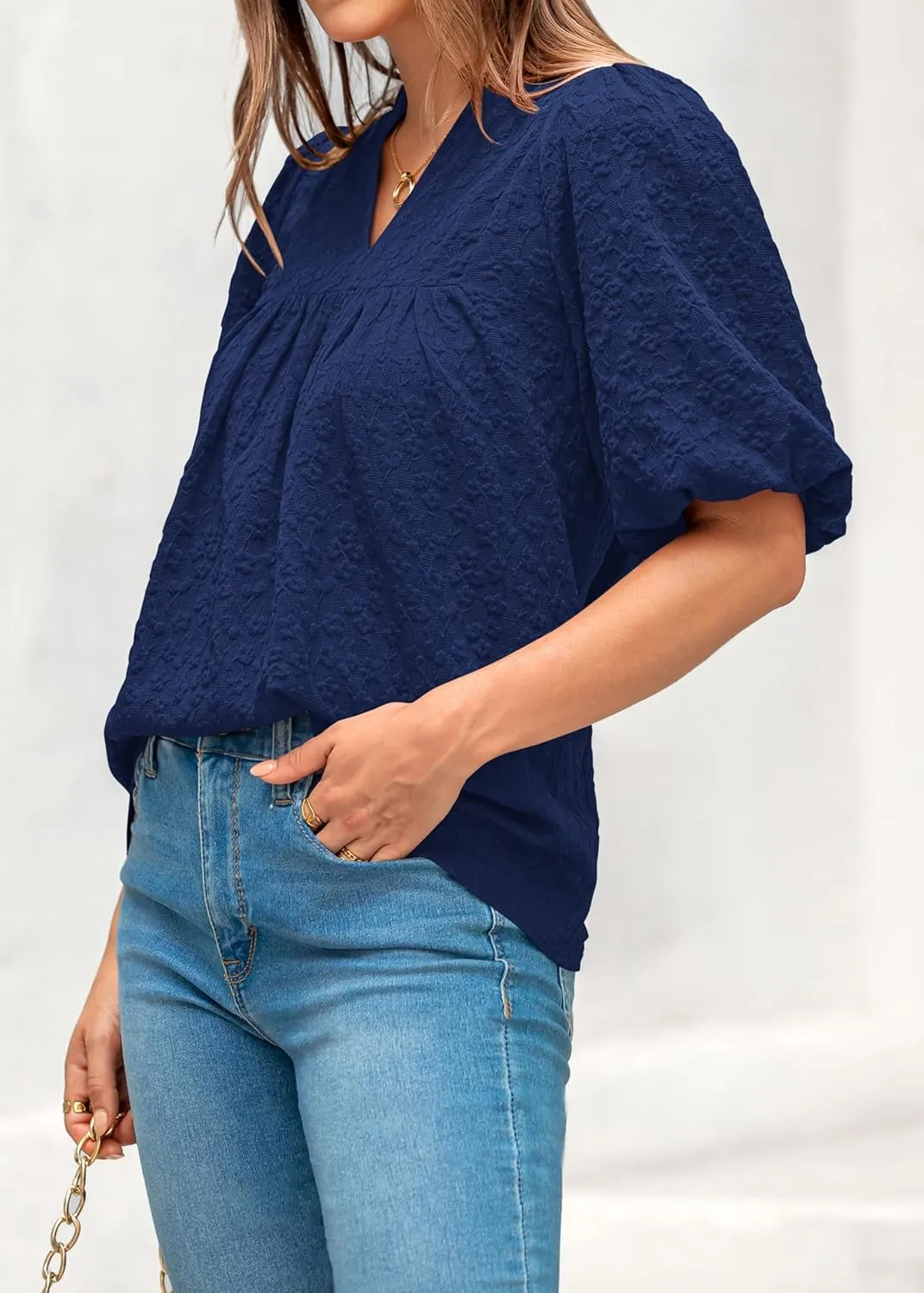MASCOMODA Womens Summer Tops 2025 Ruffle V Neck Blouses Loose Puff Short Sleeve Jacquard Babydoll Tops Casual Dressy T-Shirts