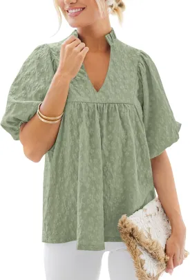 MASCOMODA Womens Summer Tops 2025 Ruffle V Neck Blouses Loose Puff Short Sleeve Jacquard Babydoll Tops Casual Dressy T-Shirts