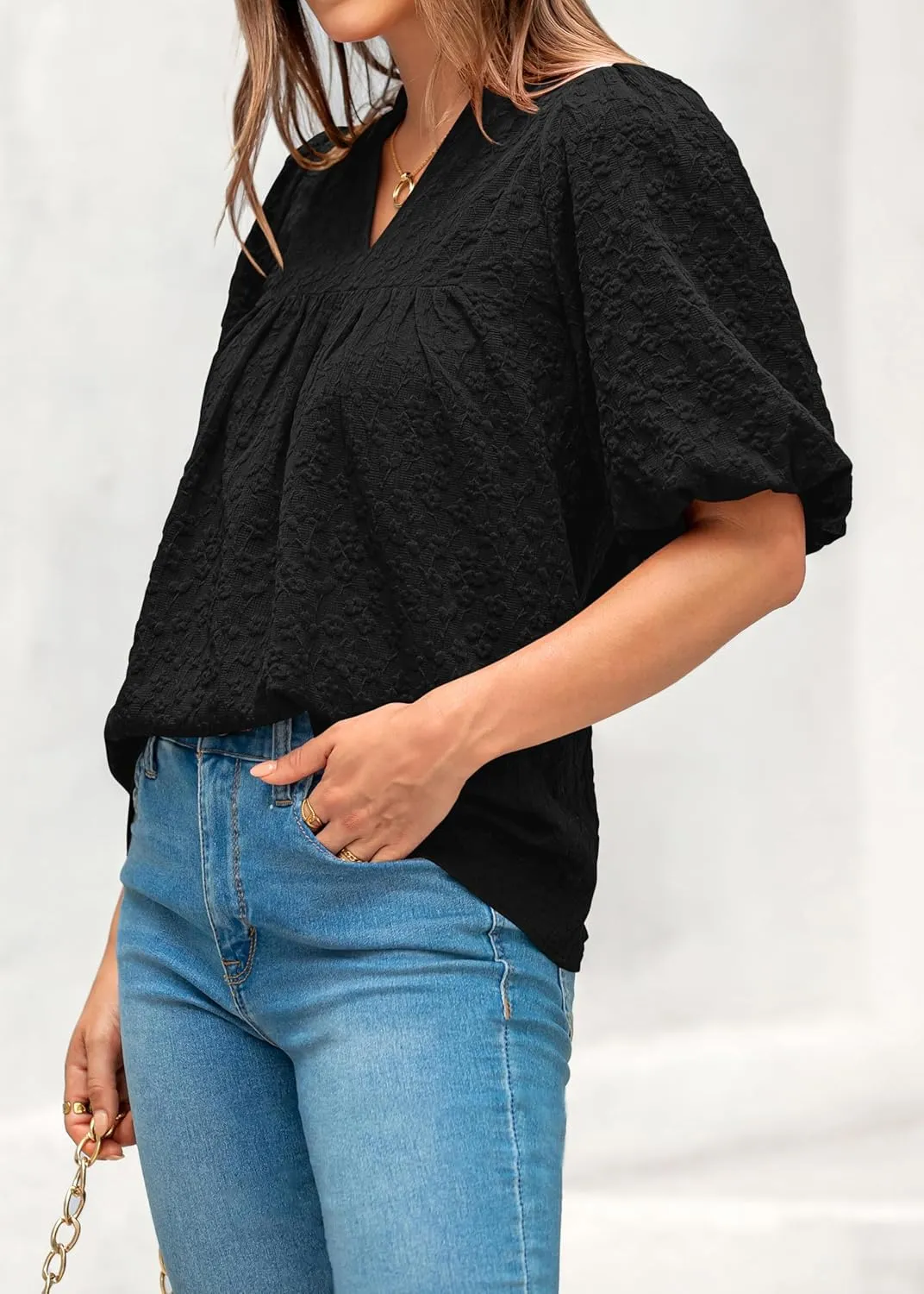 MASCOMODA Womens Summer Tops 2025 Ruffle V Neck Blouses Loose Puff Short Sleeve Jacquard Babydoll Tops Casual Dressy T-Shirts