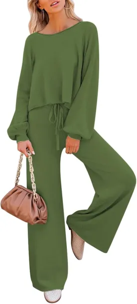 Meenew Women's 2 Piece Sweatsuits Long Sleeve Knit Sweater Wide Leg Pants Outfits Loungewear Set