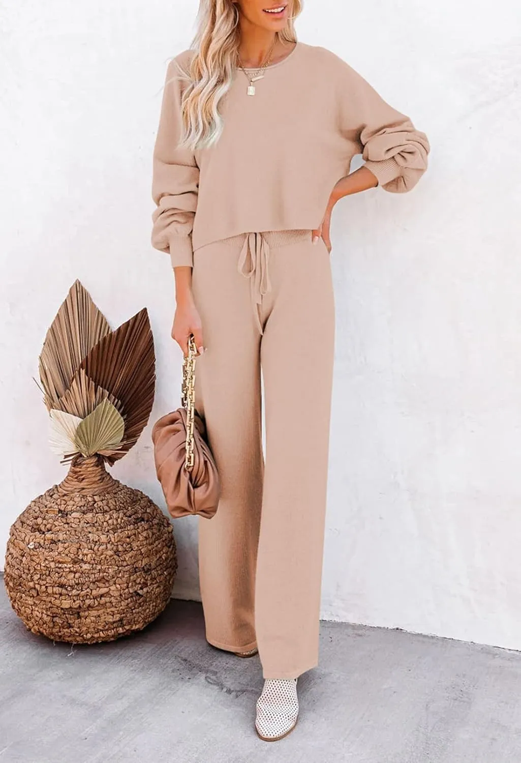 Meenew Women's 2 Piece Sweatsuits Long Sleeve Knit Sweater Wide Leg Pants Outfits Loungewear Set