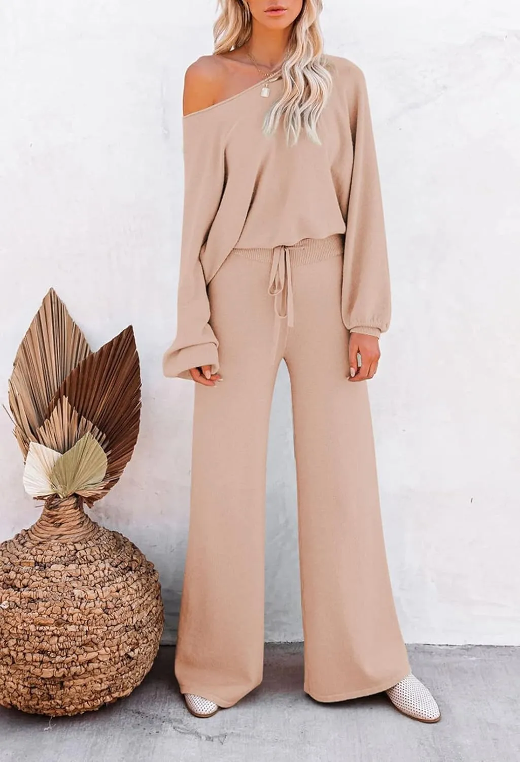 Meenew Women's 2 Piece Sweatsuits Long Sleeve Knit Sweater Wide Leg Pants Outfits Loungewear Set