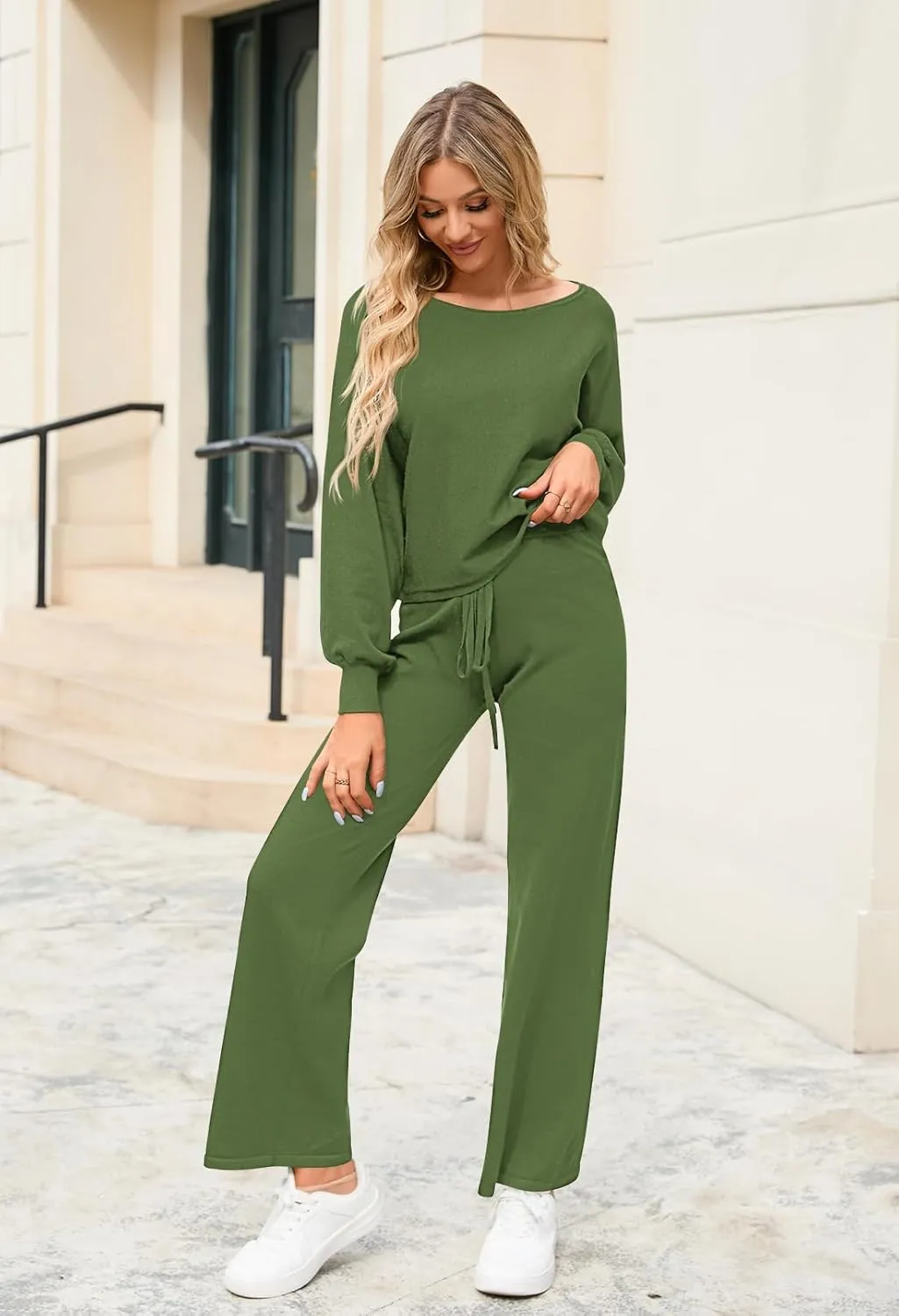Meenew Women's 2 Piece Sweatsuits Long Sleeve Knit Sweater Wide Leg Pants Outfits Loungewear Set