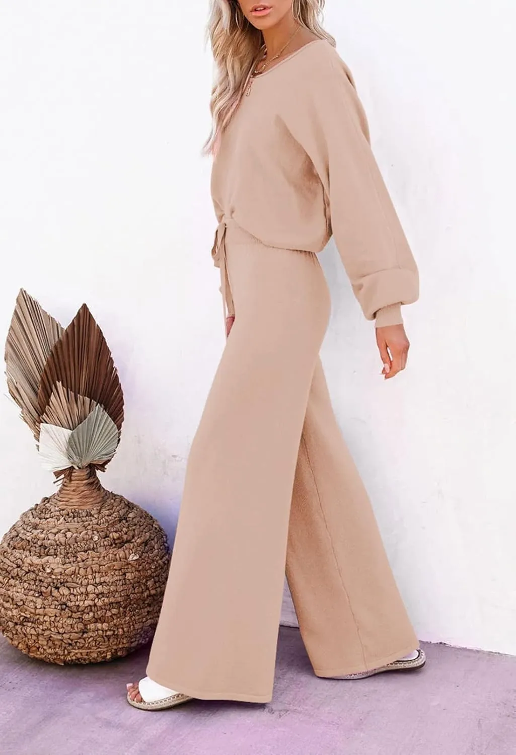 Meenew Women's 2 Piece Sweatsuits Long Sleeve Knit Sweater Wide Leg Pants Outfits Loungewear Set