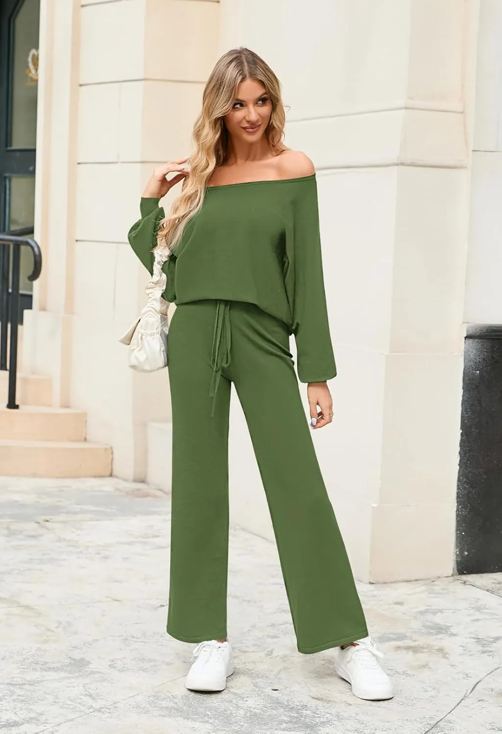 Meenew Women's 2 Piece Sweatsuits Long Sleeve Knit Sweater Wide Leg Pants Outfits Loungewear Set