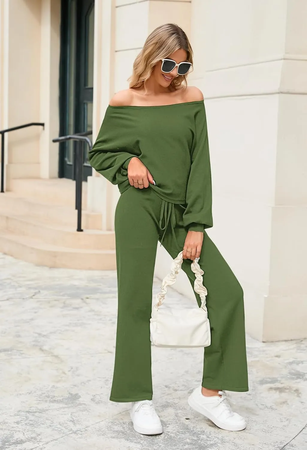 Meenew Women's 2 Piece Sweatsuits Long Sleeve Knit Sweater Wide Leg Pants Outfits Loungewear Set