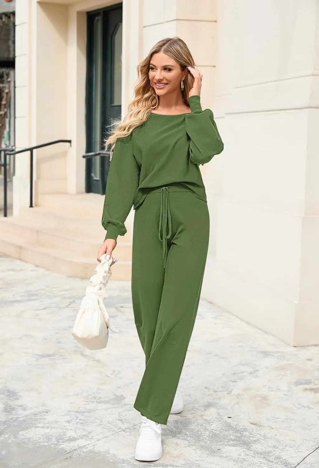 Meenew Women's 2 Piece Sweatsuits Long Sleeve Knit Sweater Wide Leg Pants Outfits Loungewear Set
