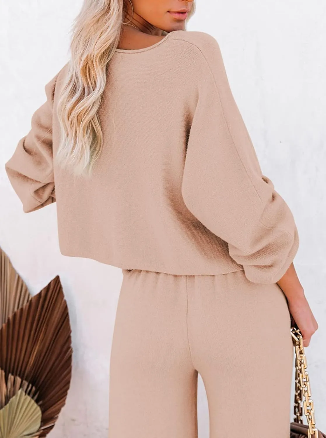 Meenew Women's 2 Piece Sweatsuits Long Sleeve Knit Sweater Wide Leg Pants Outfits Loungewear Set
