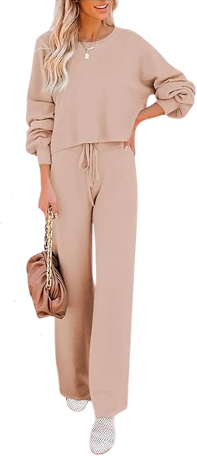 Meenew Women's 2 Piece Sweatsuits Long Sleeve Knit Sweater Wide Leg Pants Outfits Loungewear Set