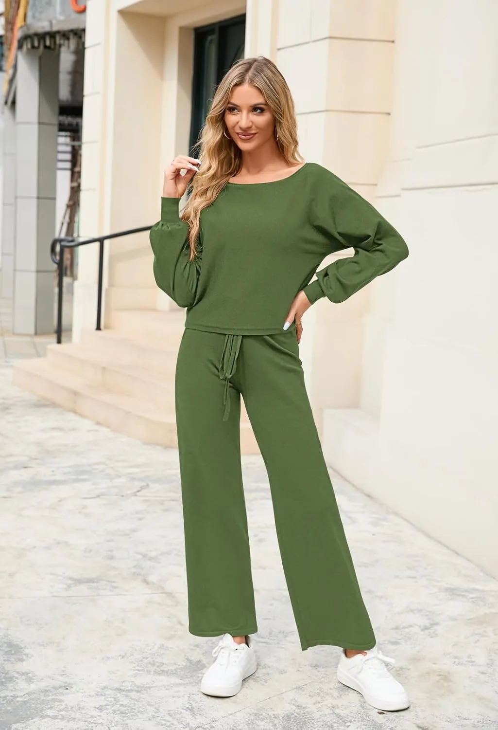 Meenew Women's 2 Piece Sweatsuits Long Sleeve Knit Sweater Wide Leg Pants Outfits Loungewear Set