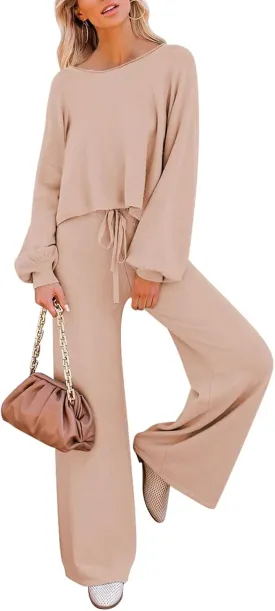 Meenew Women's 2 Piece Sweatsuits Long Sleeve Knit Sweater Wide Leg Pants Outfits Loungewear Set