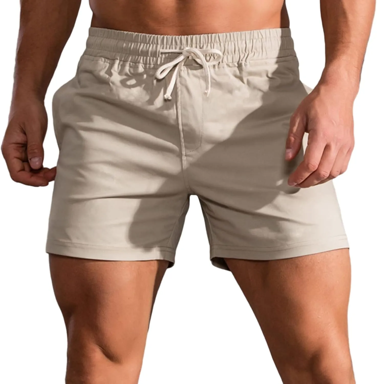 Mens Shorts 5 Inch Inseam Chino Cotton Casual Stretch Slim Fit Elastic Waist Jogger Workout Shorts with Pockets