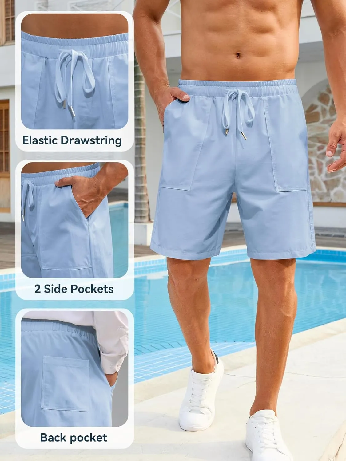 Mens Shorts - Casual Cotton Drawstring Summer Beach Stretch Twill Chino Golf Shorts Elastic Waist with Pockets