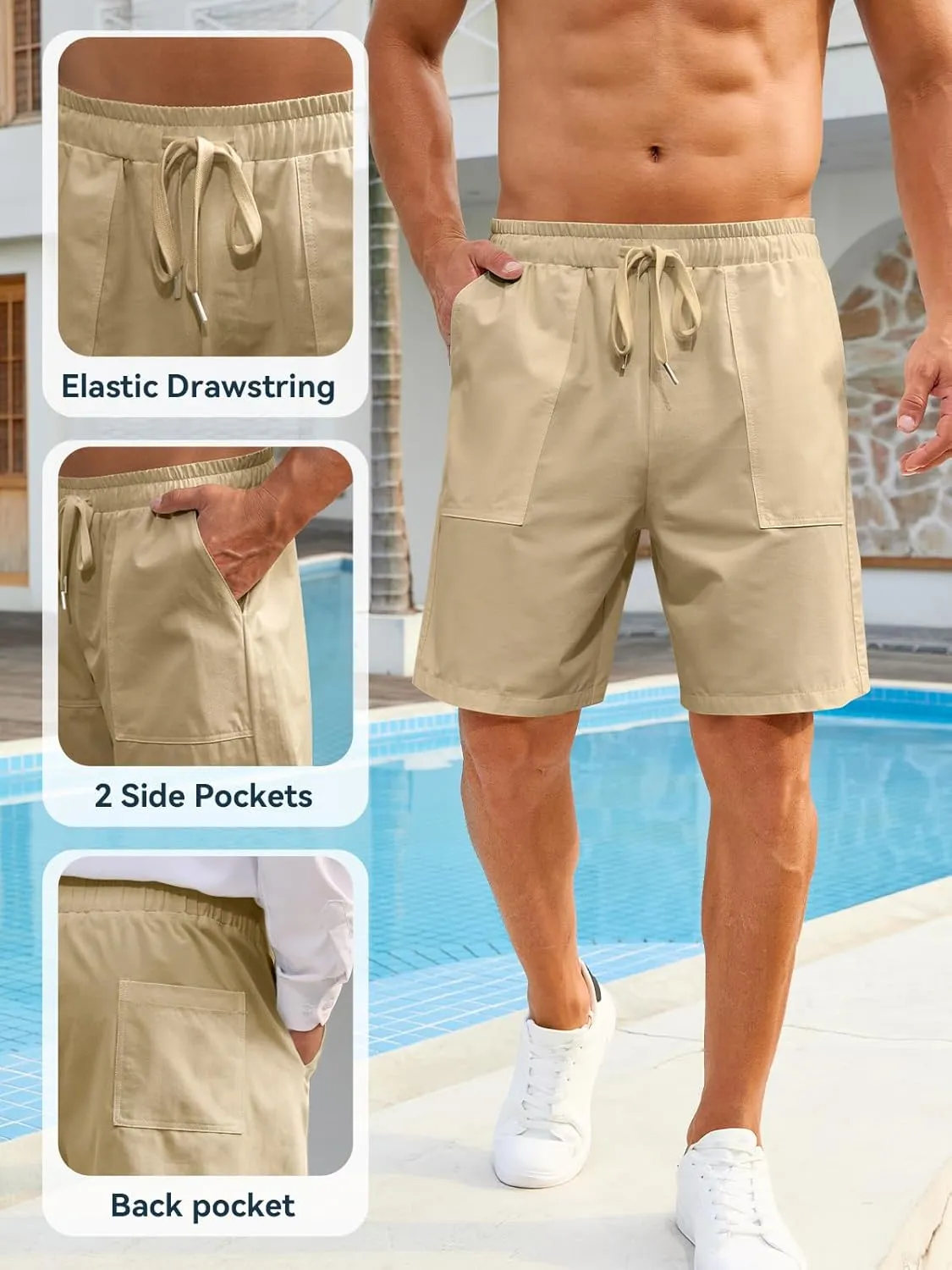 Mens Shorts - Casual Cotton Drawstring Summer Beach Stretch Twill Chino Golf Shorts Elastic Waist with Pockets