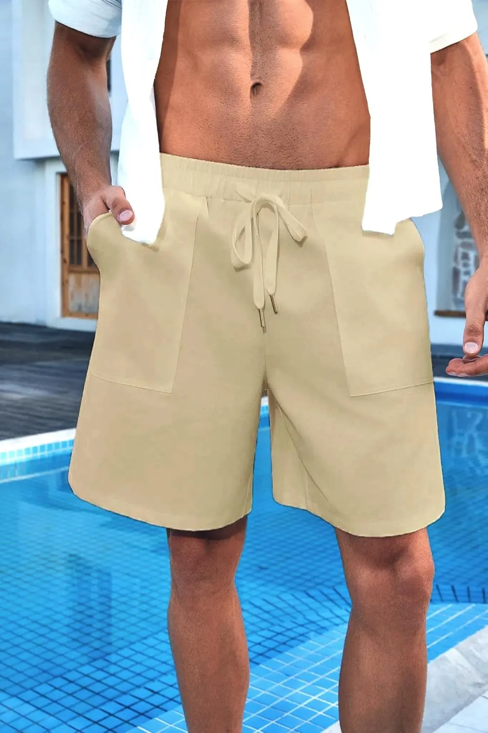 Mens Shorts - Casual Cotton Drawstring Summer Beach Stretch Twill Chino Golf Shorts Elastic Waist with Pockets