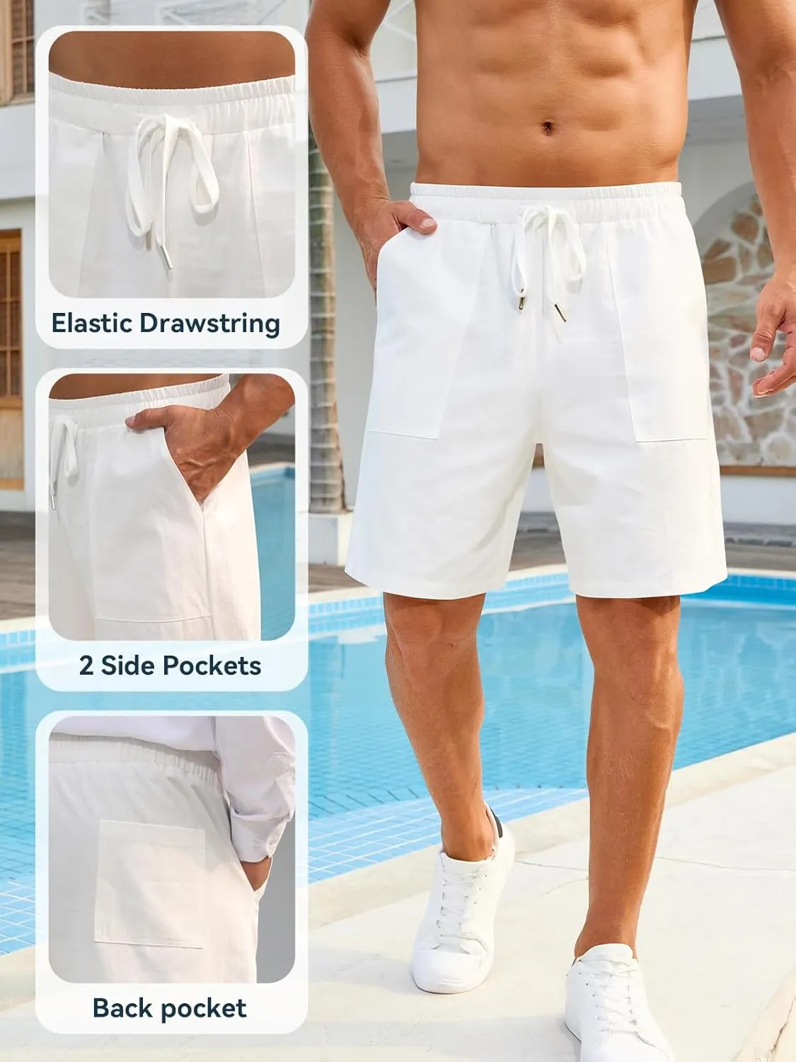 Mens Shorts - Casual Cotton Drawstring Summer Beach Stretch Twill Chino Golf Shorts Elastic Waist with Pockets