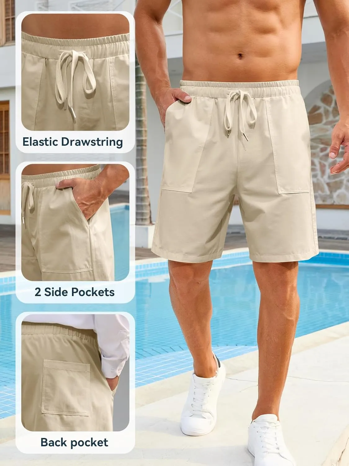 Mens Shorts - Casual Cotton Drawstring Summer Beach Stretch Twill Chino Golf Shorts Elastic Waist with Pockets