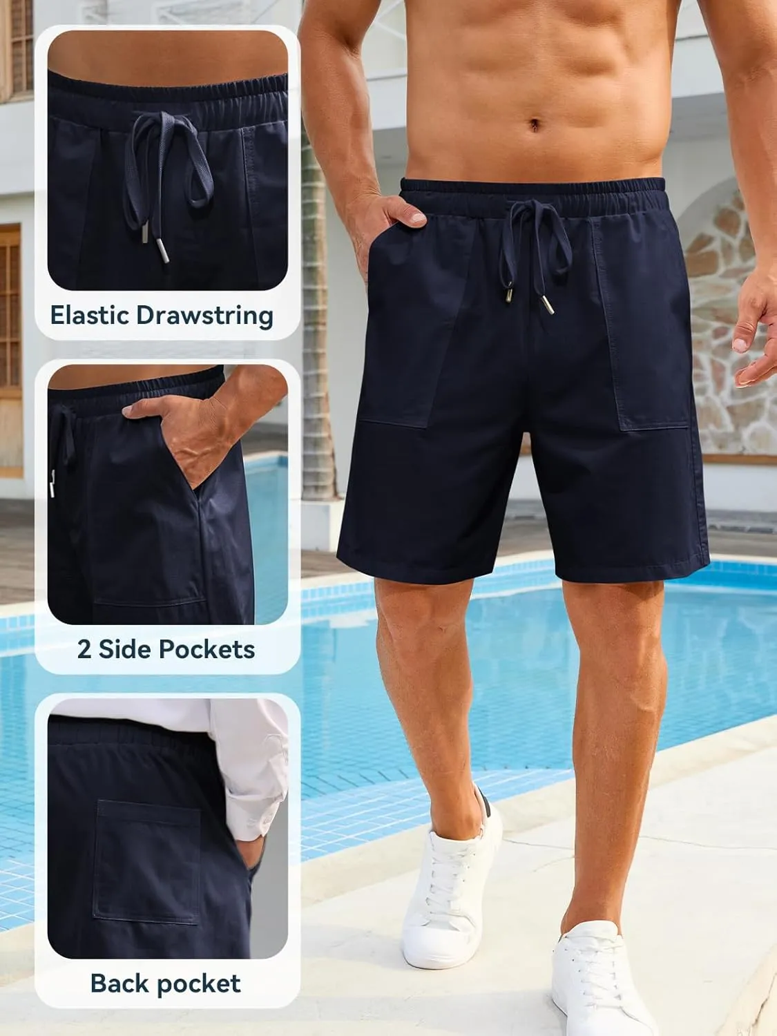 Mens Shorts - Casual Cotton Drawstring Summer Beach Stretch Twill Chino Golf Shorts Elastic Waist with Pockets