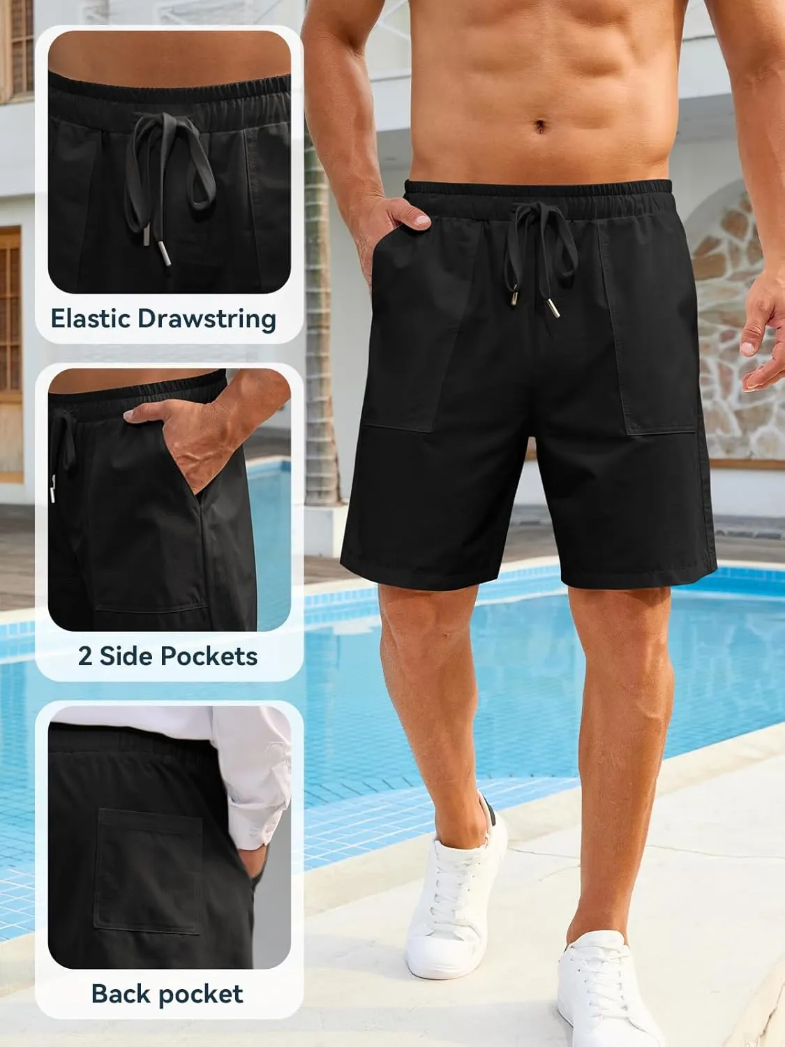 Mens Shorts - Casual Cotton Drawstring Summer Beach Stretch Twill Chino Golf Shorts Elastic Waist with Pockets