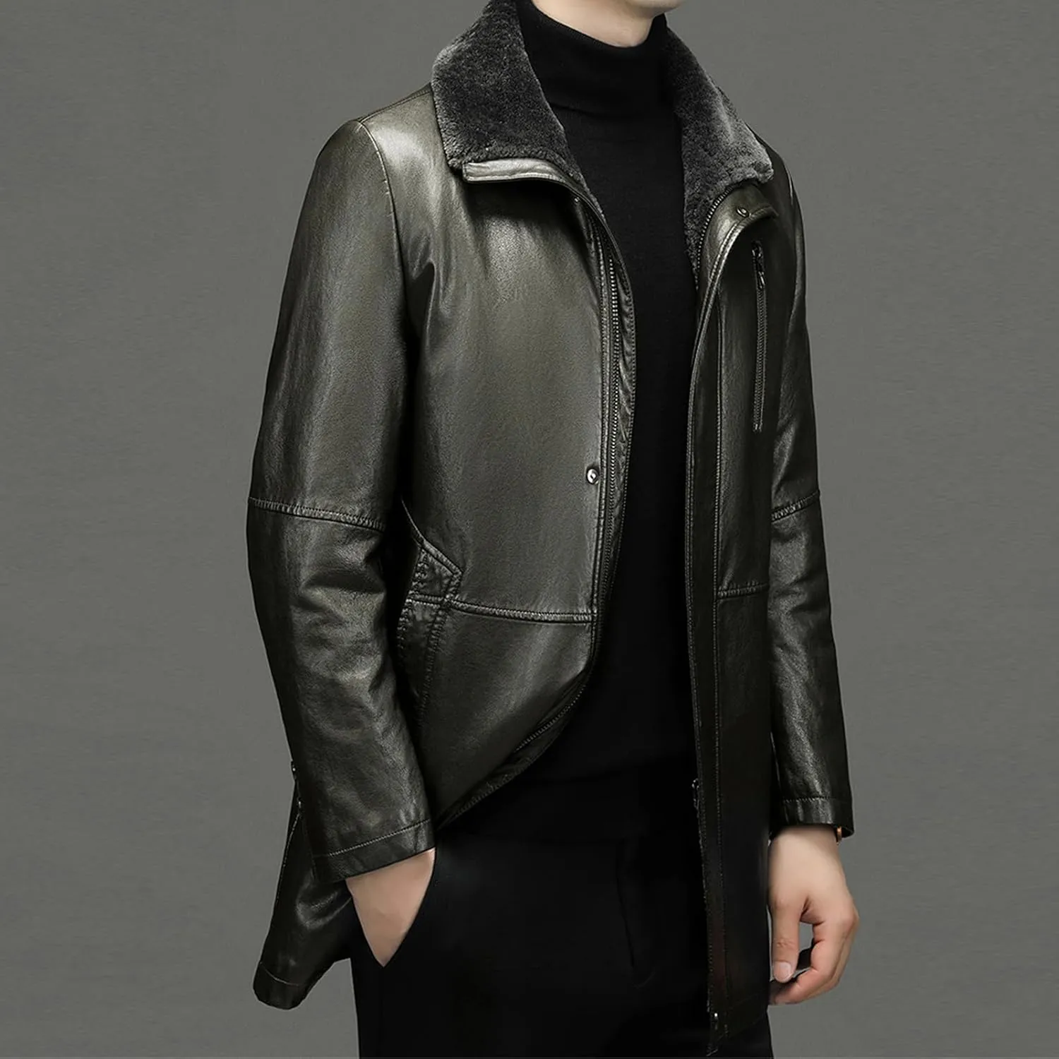 Mens Winter Sherpa Leather Jacket Fleece Lined Lapel Thicken Bomber Coats Heavyweight Motorcycle Trench Coat