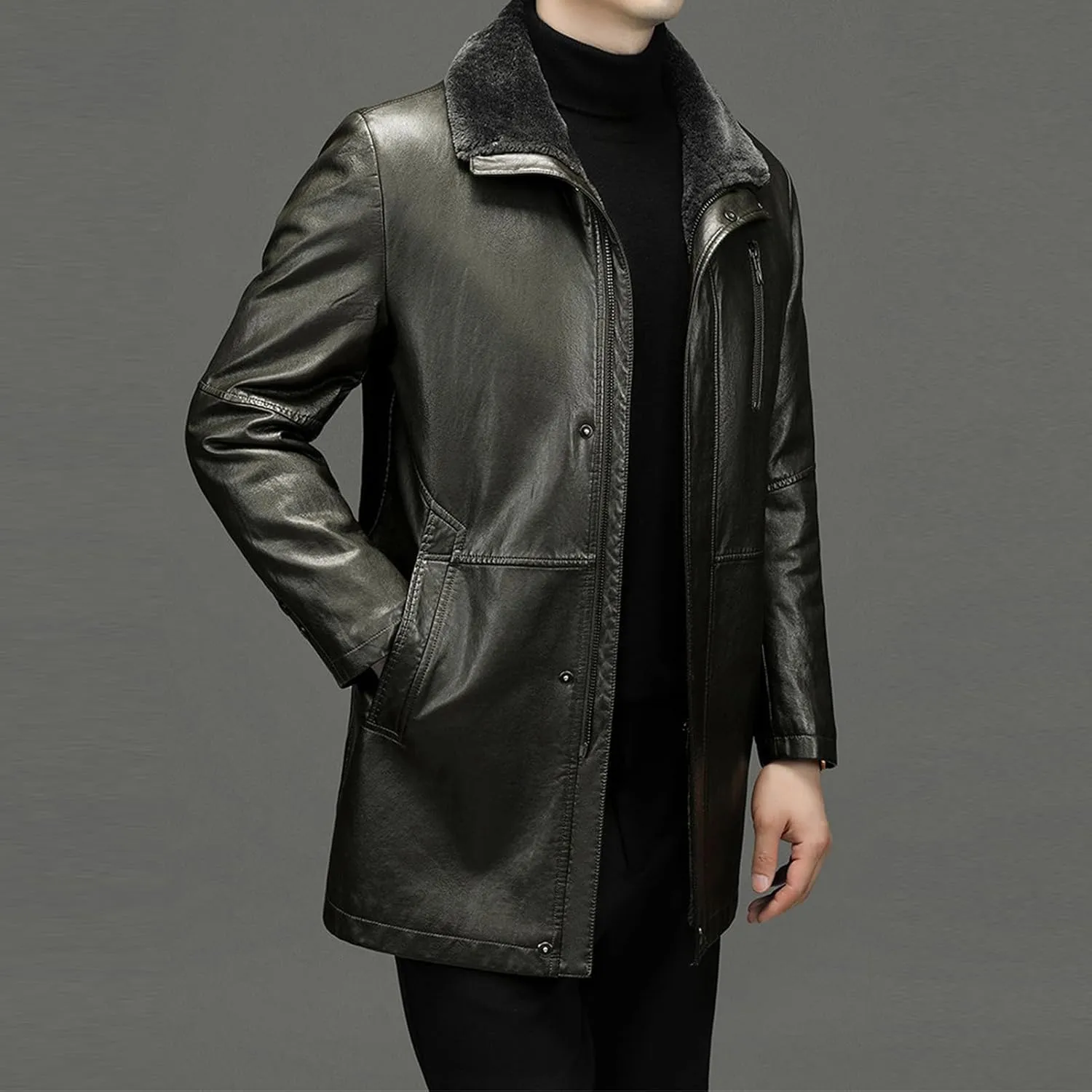 Mens Winter Sherpa Leather Jacket Fleece Lined Lapel Thicken Bomber Coats Heavyweight Motorcycle Trench Coat