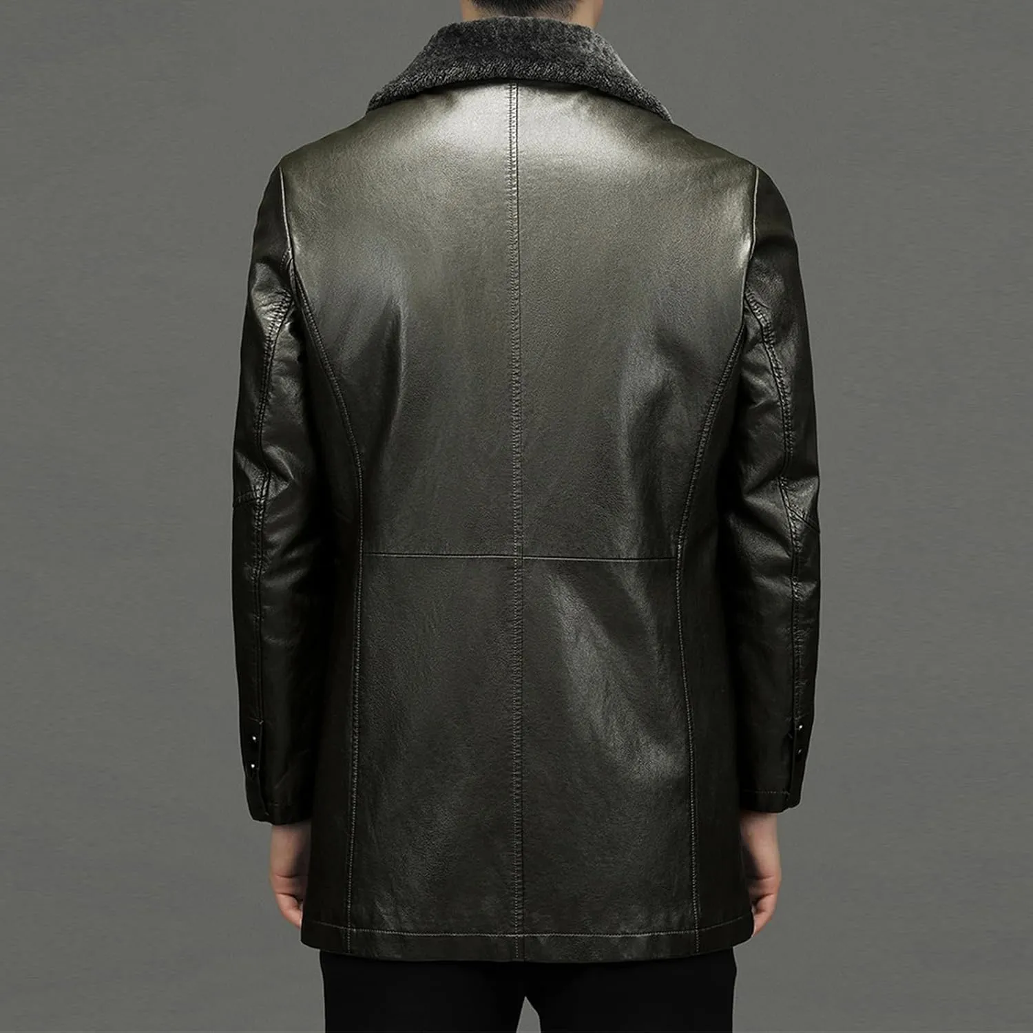 Mens Winter Sherpa Leather Jacket Fleece Lined Lapel Thicken Bomber Coats Heavyweight Motorcycle Trench Coat
