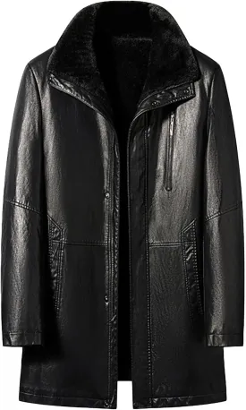 Mens Winter Sherpa Leather Jacket Fleece Lined Lapel Thicken Bomber Coats Heavyweight Motorcycle Trench Coat