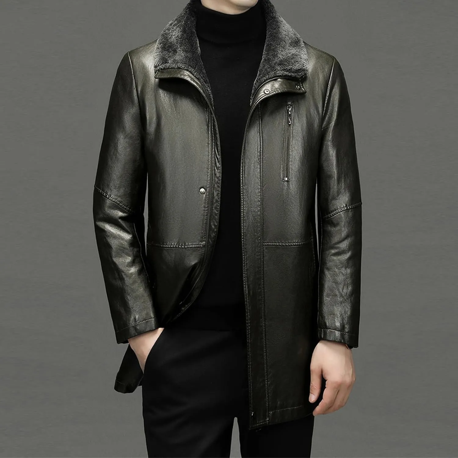 Mens Winter Sherpa Leather Jacket Fleece Lined Lapel Thicken Bomber Coats Heavyweight Motorcycle Trench Coat