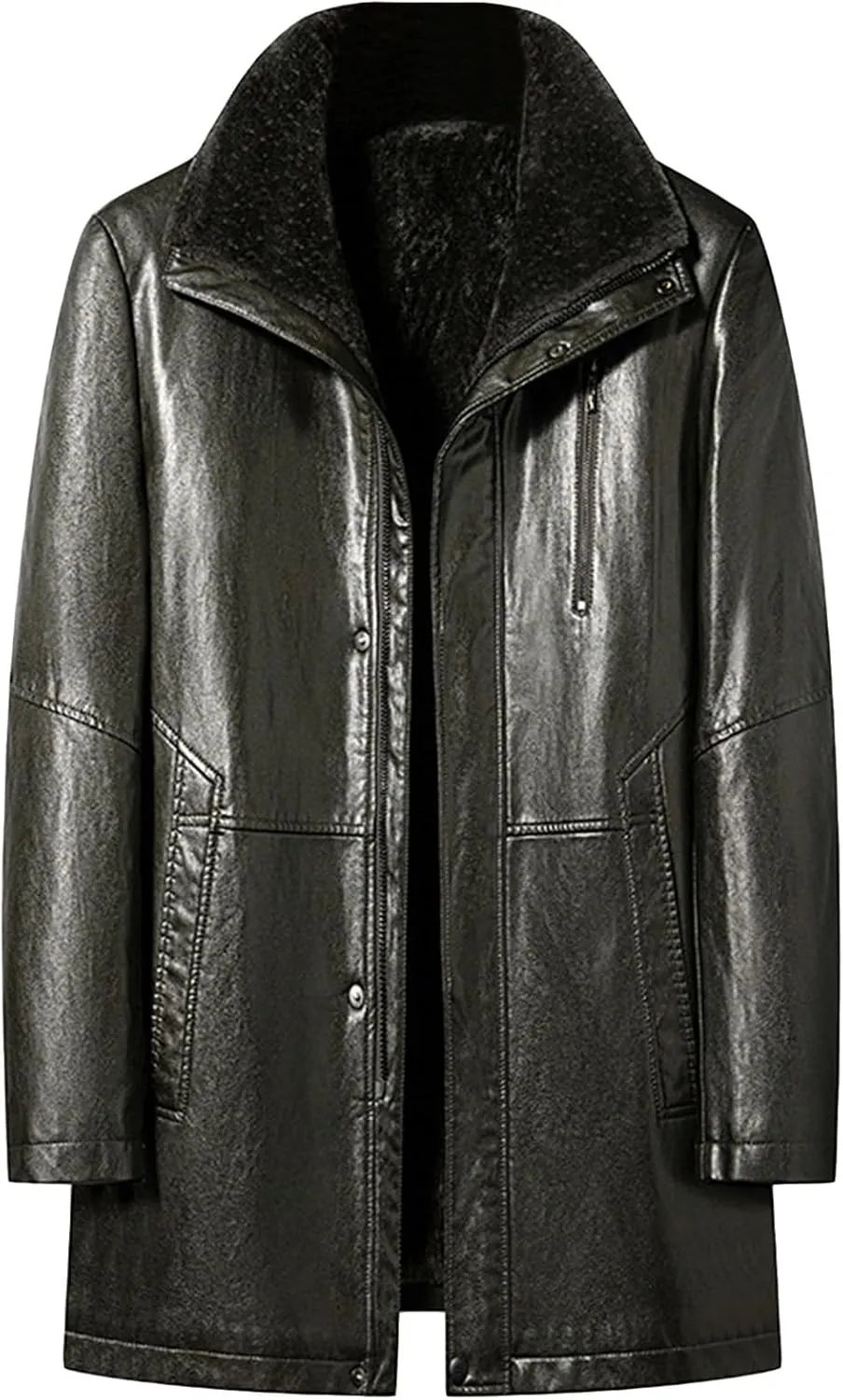 Mens Winter Sherpa Leather Jacket Fleece Lined Lapel Thicken Bomber Coats Heavyweight Motorcycle Trench Coat
