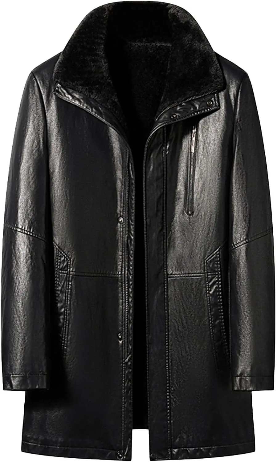 Mens Winter Sherpa Leather Jacket Fleece Lined Lapel Thicken Bomber Coats Heavyweight Motorcycle Trench Coat