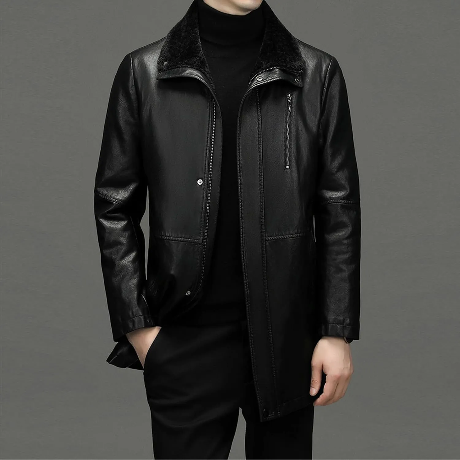 Mens Winter Sherpa Leather Jacket Fleece Lined Lapel Thicken Bomber Coats Heavyweight Motorcycle Trench Coat