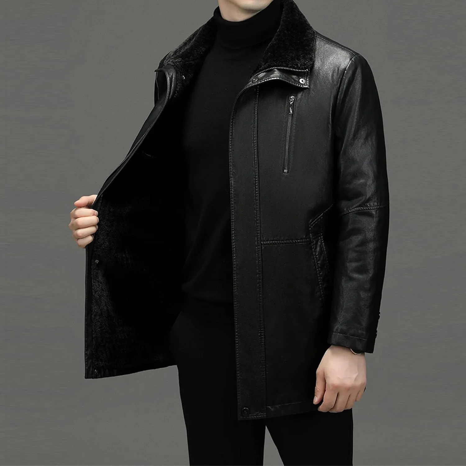 Mens Winter Sherpa Leather Jacket Fleece Lined Lapel Thicken Bomber Coats Heavyweight Motorcycle Trench Coat