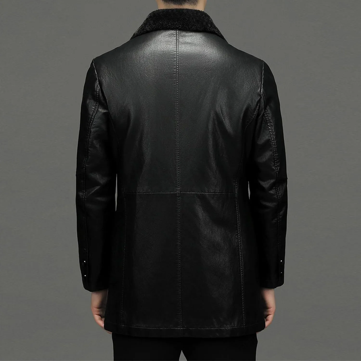 Mens Winter Sherpa Leather Jacket Fleece Lined Lapel Thicken Bomber Coats Heavyweight Motorcycle Trench Coat