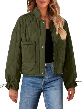 MEROKEETY Women's Cropped Zip-Up Bomber Jackets Warm Quilted Long Sleeve Stand Neck Winter Coats