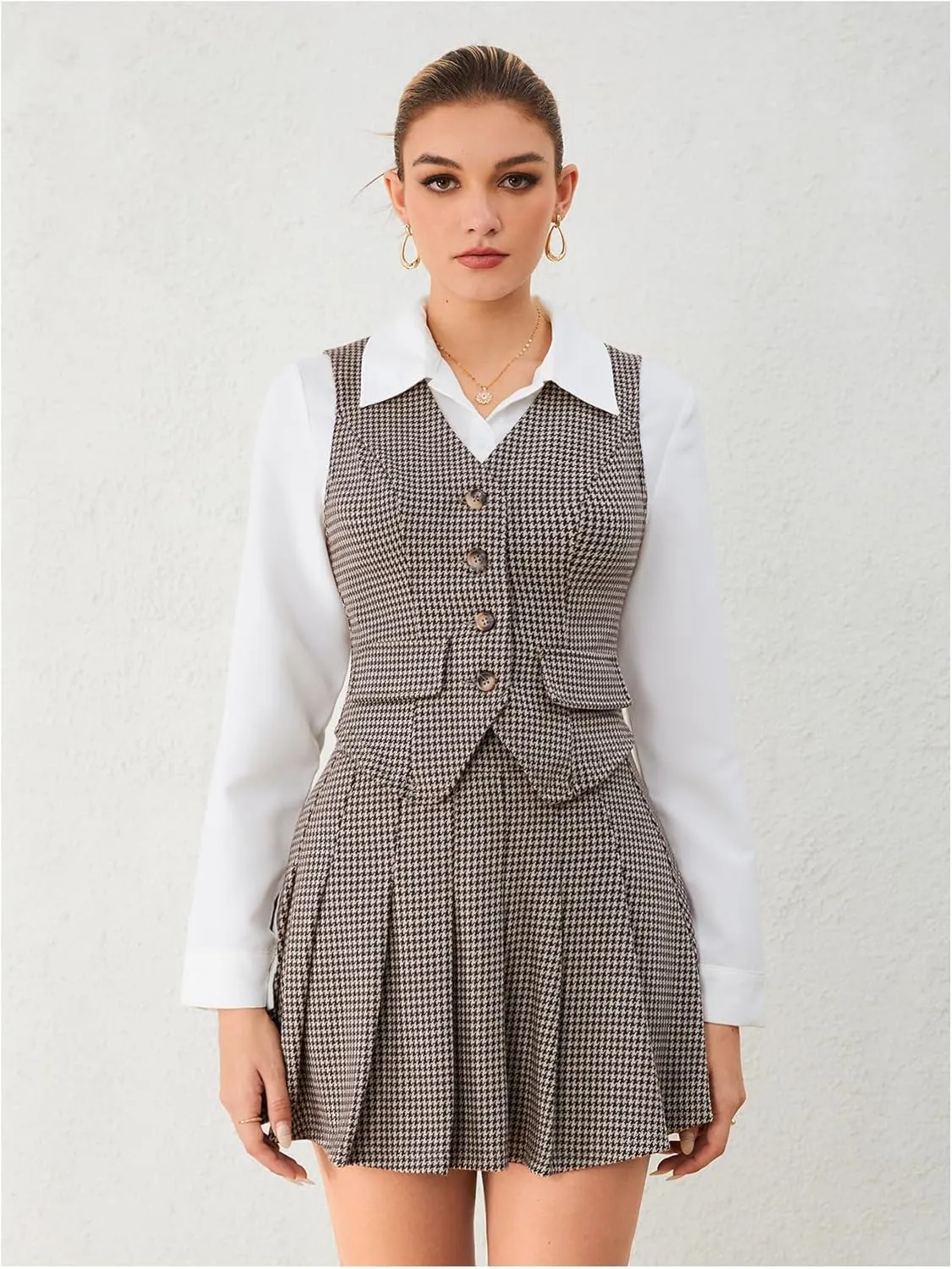 Milumia Women's 2 Piece Outfit Plaid Vest Blazer and Pleated Skirt Suit Sets