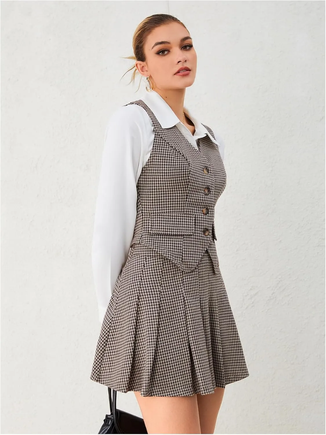 Milumia Women's 2 Piece Outfit Plaid Vest Blazer and Pleated Skirt Suit Sets