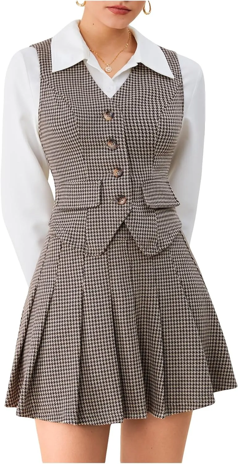 Milumia Women's 2 Piece Outfit Plaid Vest Blazer and Pleated Skirt Suit Sets
