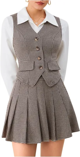Milumia Women's 2 Piece Outfit Plaid Vest Blazer and Pleated Skirt Suit Sets