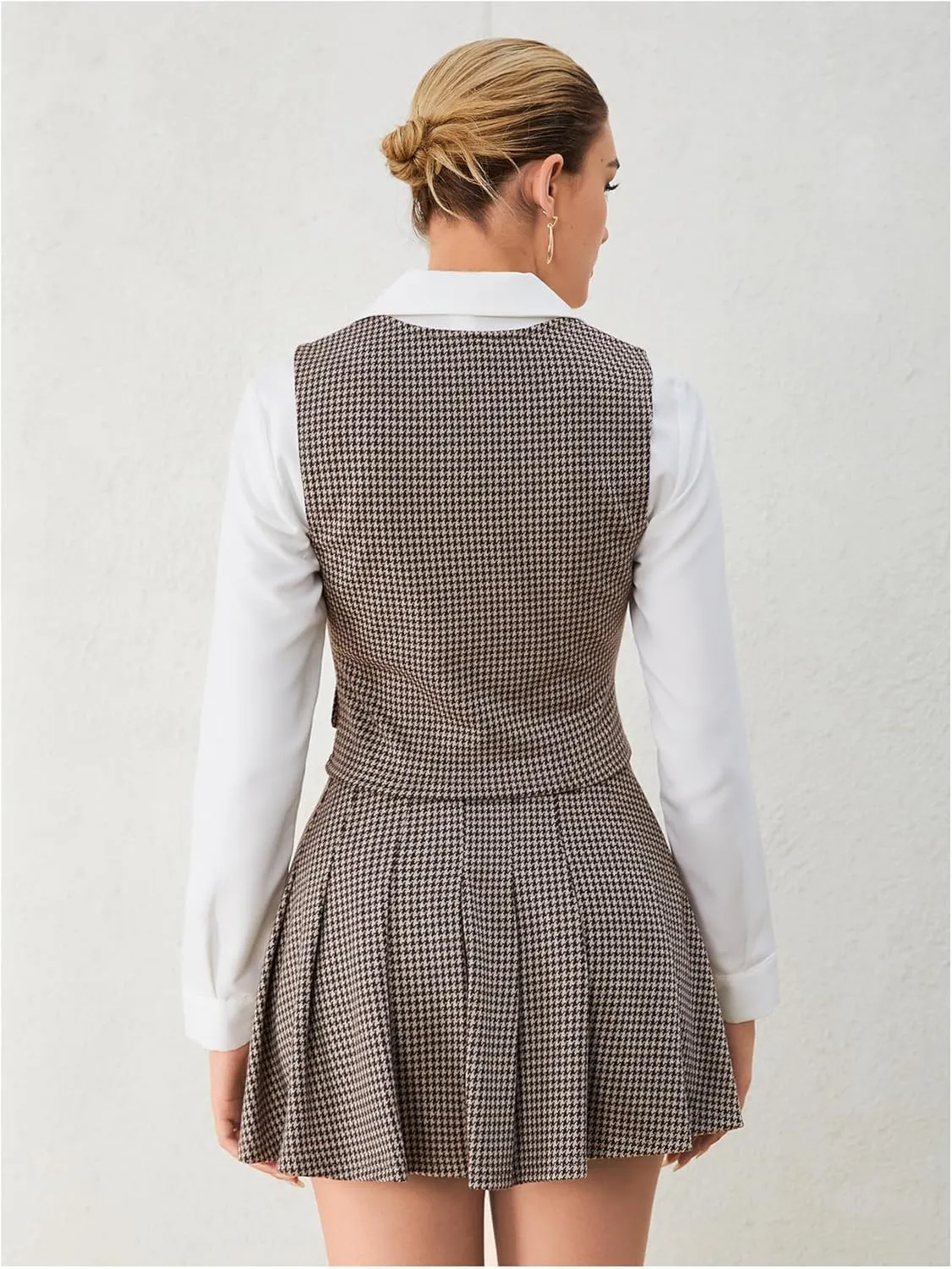 Milumia Women's 2 Piece Outfit Plaid Vest Blazer and Pleated Skirt Suit Sets