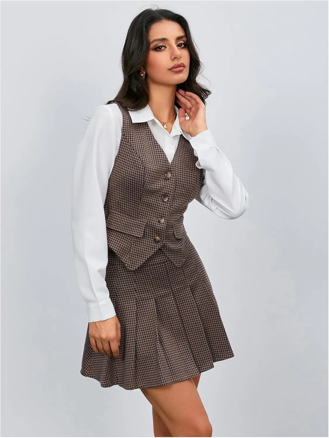 Milumia Women's 2 Piece Outfit Plaid Vest Blazer and Pleated Skirt Suit Sets