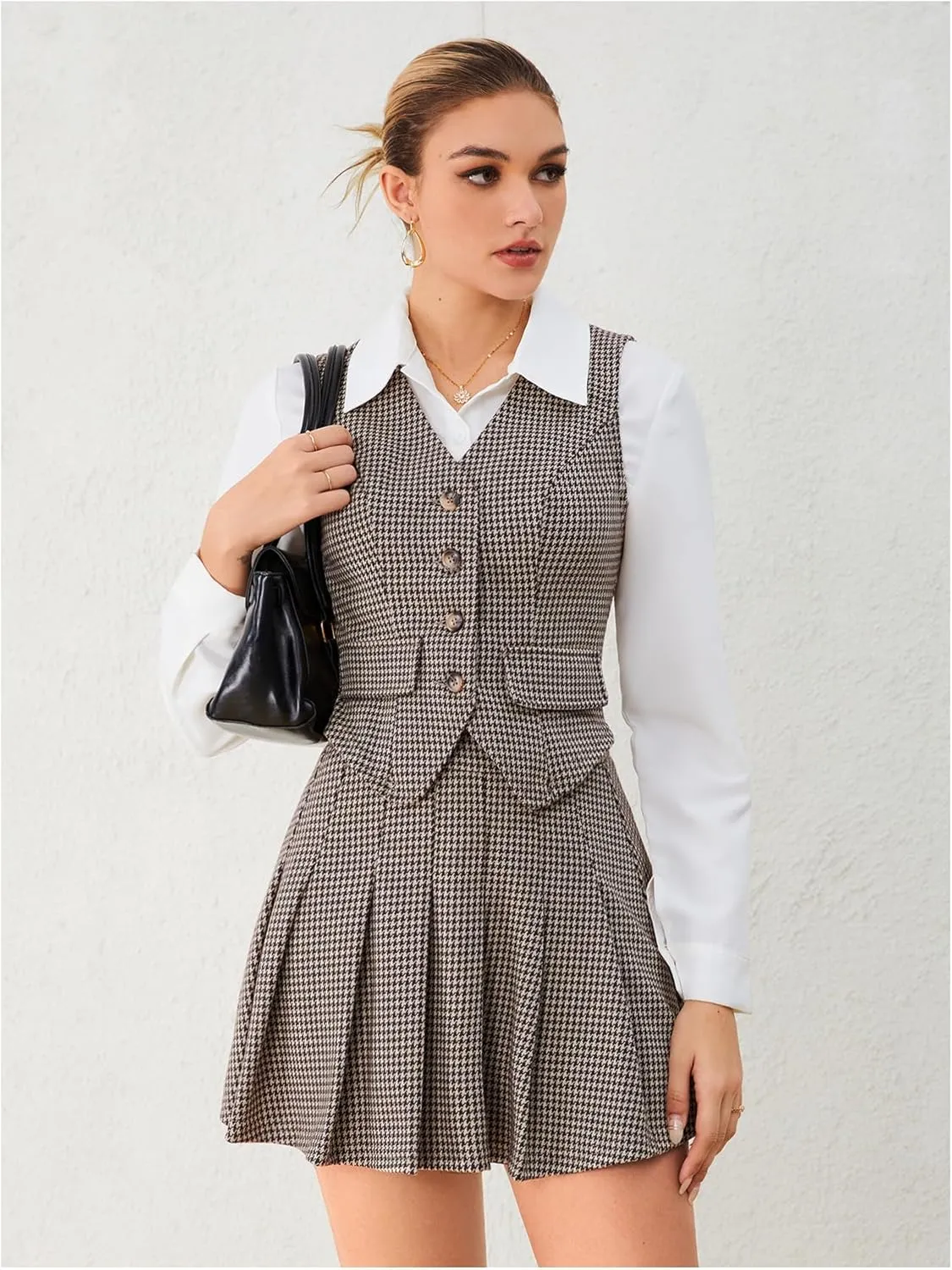 Milumia Women's 2 Piece Outfit Plaid Vest Blazer and Pleated Skirt Suit Sets