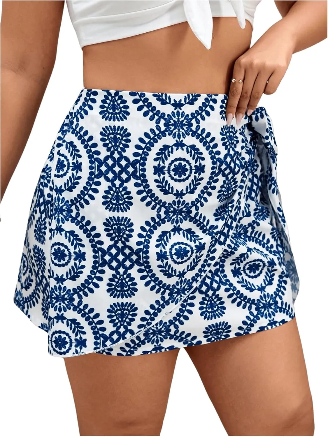 Milumia Women's Plus Size Allover Print Wrap High Waisted Knot Side Boho Mini Skirts