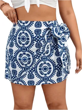 Milumia Women's Plus Size Allover Print Wrap High Waisted Knot Side Boho Mini Skirts