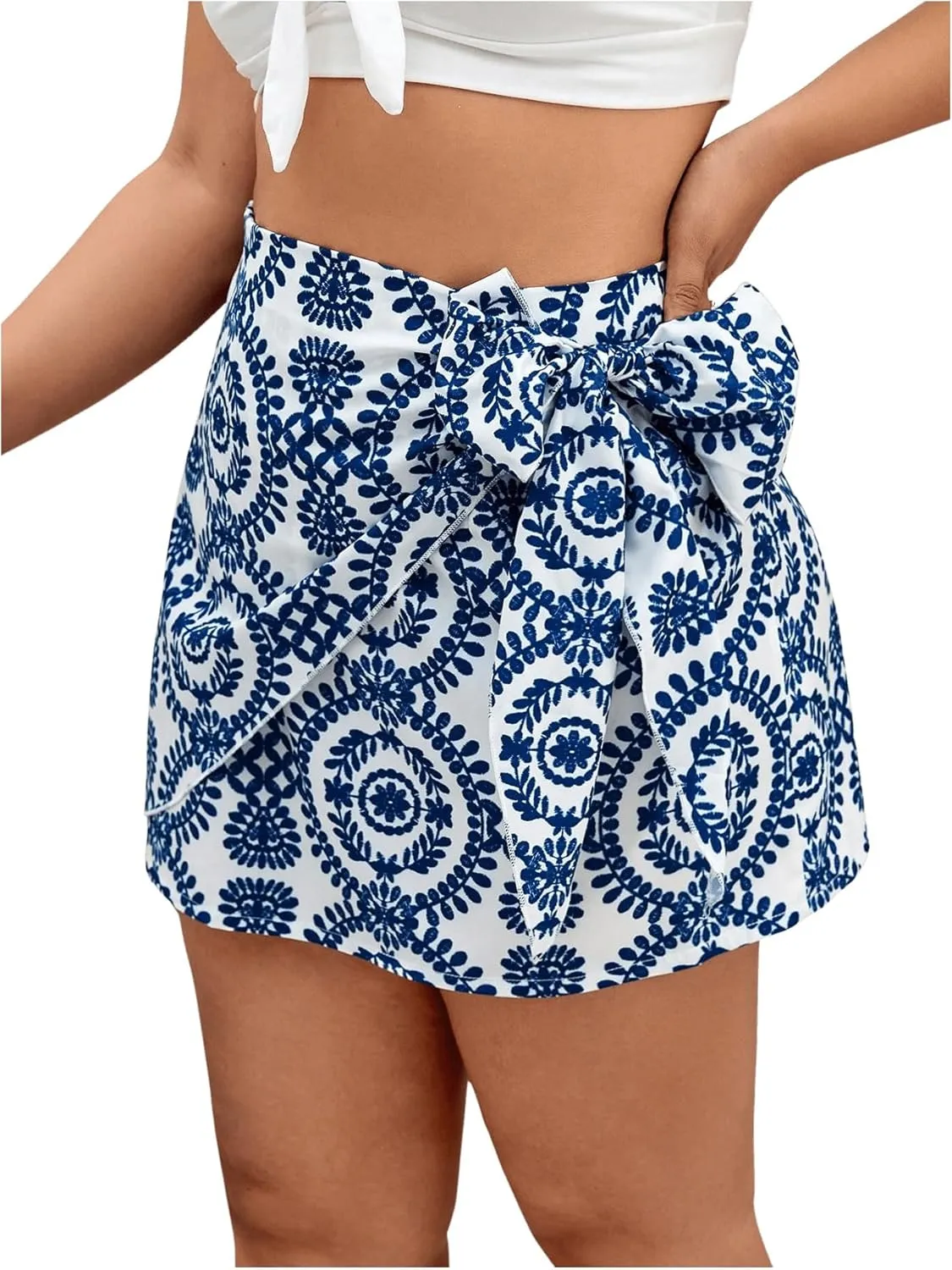Milumia Women's Plus Size Allover Print Wrap High Waisted Knot Side Boho Mini Skirts