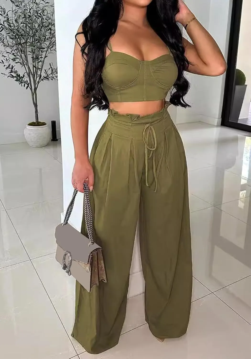 Molisry Women's 2 Piece Outfits Casual Spaghetti Strap Bra Top High Waisted Long Straight Wide Leg Pants Lounge Sets Fall