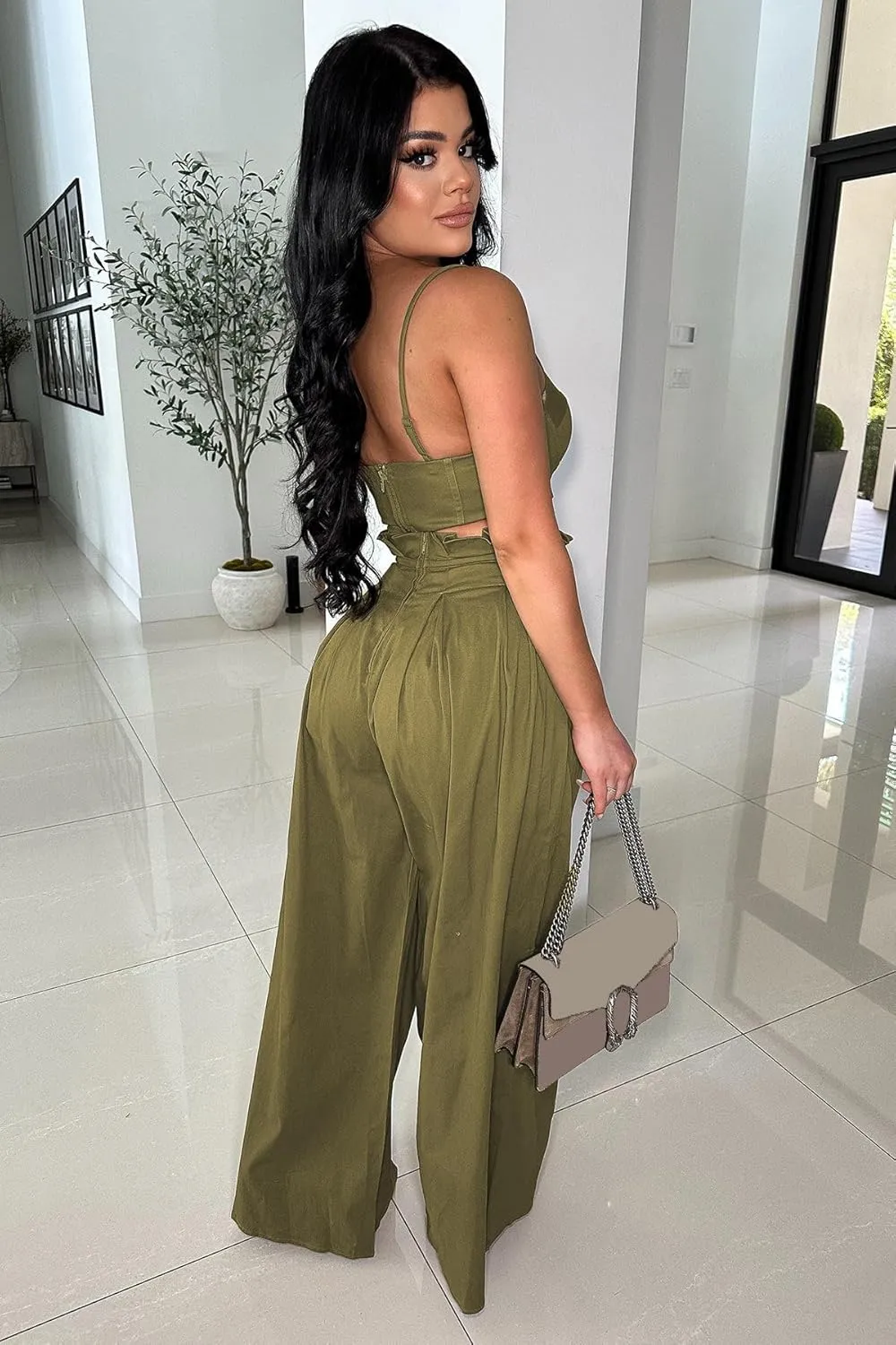 Molisry Women's 2 Piece Outfits Casual Spaghetti Strap Bra Top High Waisted Long Straight Wide Leg Pants Lounge Sets Fall