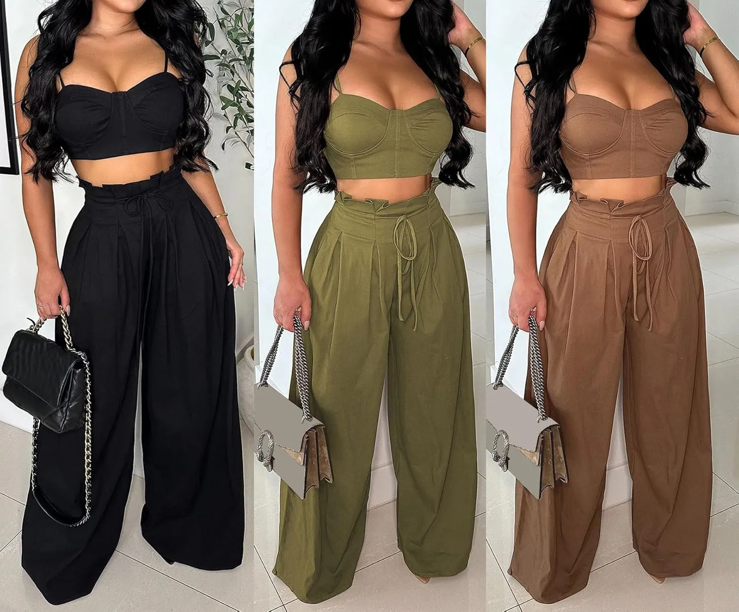 Molisry Women's 2 Piece Outfits Casual Spaghetti Strap Bra Top High Waisted Long Straight Wide Leg Pants Lounge Sets Fall